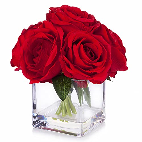 Enova Floral 7 Large Stems Artificial Silk Roses Fake Flowers Arrangement in Cube Glass Vase with Faux Water for Home Office Wedding Decoration (Red) - color: Red
