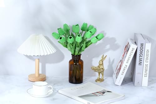 SITUMEIZI 15pcs Green Tulips Fake Artificial Flowers Real Touch 14" PU Flower for St Patricks Day Home Decor Easter Spring Wedding Bouquet Decorations Mother's Gift Day Floral Arrangements - color: Green#