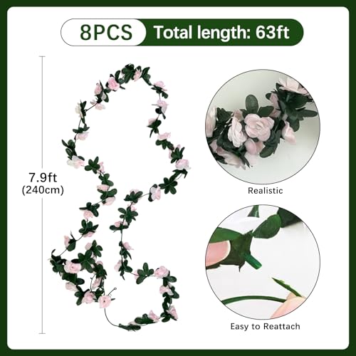 8Pcs 63Ft Light Pink Rose Garland, Fake Flower Vines, Artificial Vine Flowers, Rose Hanging Garland for Party Wedding, Garden, Room Table, Christmas, Backdrop Wall Arch Decor - color: Light Pink, size: 8Pcs-63Ft