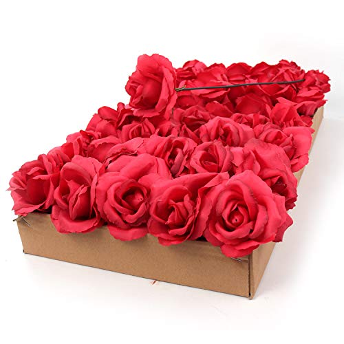 Larksilk Roses Silk Flowers, Real Touch Bulk 50 Pack | Real-touch silk roses, bulk faux rose heads with stems; artificial flowers for wedding, bridal bouquet & centerpiece - color: Beauty