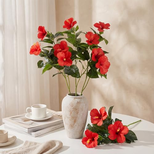Hotop 3 Pack Artificial Hibiscus Flowers 33"x13" Silk & Plastic Tropical Bouquets Lifelike Blooms with Bendable Stems Faux Hawaiian Flowers for Home Living Room Wedding Patio (Red) - color: Red