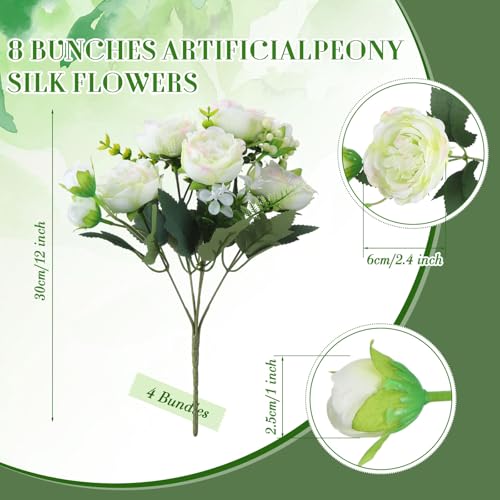 Geosar 8 Bundles Artificial Peonies Flowers Fake Silk Peony Bouquet Faux Peonies Flowers Bulk for Decoration Vase Floral Arrangements Wedding Party Table (White,Green) - color: White, Green