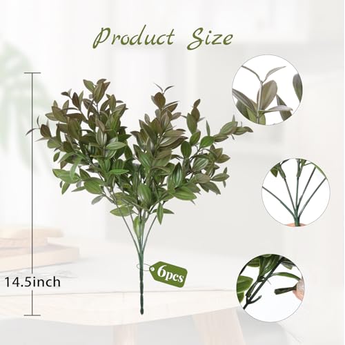 6 Bundles Artificial Greenery Stems, 14.5" Fake Lucky Bamboo Leaves Faux Outdoor Plants UV Resistant Plastic Shrubs for Outside Home Room Garden Patio Front Porch Farmhouse Pathway Indoor Decorations - color: Dark Green