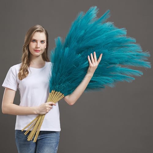 7 Pcs 45" Faux Pampas Grass – Fluffy Artificial Pompous Grass for Tall Floor Vase, Non-Shedding Home Decor, Boho Wedding Flowers, Baby Shower Centerpieces, Bedroom & Living Room Decor (Blue) - color: Blue