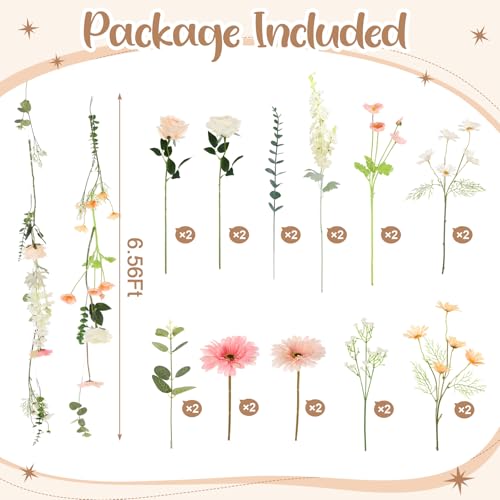 2 Pcs 6.56 ft Wildflower Garland Artificial Hanging Flower Backdrop Set Fake Rose Babysbreath Wild Flower Decor from Ceiling for Wedding Baby Shower Party Birthday Home Garden
