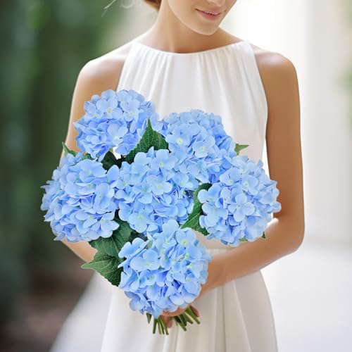 6PCS Blue Hydrangea Artificial Flowers, Bulk Silk Fake Flower with Stems, Faux Hydrangeas Bouquets for Home Décor, Wedding, Party, and Office Table Centerpieces. - color: Blue