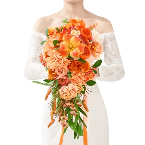 Serwalin 11 Inch Wedding Bouquets for Bride Bridesmaid,Fall Cascading Orange Bridal Bouquets for Bride,Wedding Ceremony and Anniversary Day Decor - color: Athens Orange