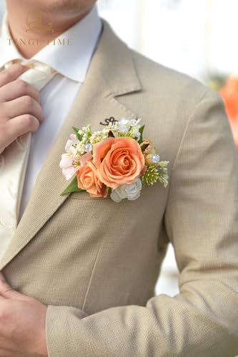 Tinge TIME Luxury Groom Boutonniere for Wedding, 1 PCS Pocket Boutonniere for Men Wedding, Artificial Corsage for Prom Formal Dinners Homecomings Anniversaries Ceremonies (CoralPink&Champagne) - color: Coralpink&champagne