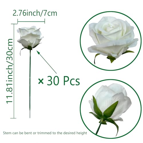 FagusHome 30 Pcs Silk Rose Artificial Flowers Roses Bulk Bouquet Fake Flowers Rose Heads with Stems for Home Wedding Decor (White) - color: White