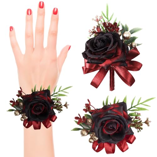 2 Pcs Wine Red Rose Wrist Corsage and Boutonniere Set, Rose Corsage Hand for Women, Boutonniere for Men Wedding Artificial Flowers Accessories Prom Decor, Party Accessories (Wine Red) - color: Wine Red