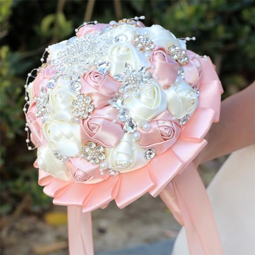 7.5" Pink Champagne & Ivory Bridal Wedding Bouquet Round Holding Bouquet Throw Toss Artificial Rose Flower Bunch for Bride Bridesmaid Wedding Quinceanera - color: Pink Champagne & Ivory, size: Small (Dia. 7.5"/19cm)