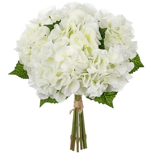 Hollyone White Hydrangea Artificial Flowers 6pcs Large Real Touch Faux Hydrangeas Silk Flowers Bouquets Fake Flower with Stems for Home Decor Indoor Wedding Kitchen Centerpiece Table Decorations - color: White