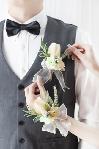 Champagne Corsage and Boutonniere Set for Wedding Prom, Artificial Rose Flower Homecoming Corsage Wristlet, Boutonniere for Men Wedding Suit Decor - color: Champagne