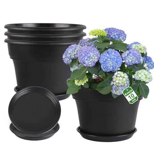 Myfeegoin 10-inch-Plant-Pots-Indoor-Outdoor, 4 Pack Plastic Planters with Drainage Holes & Saucers, Resin Flower Pots with Trays, Classic Garden Pot Container for House - color: Black, size: 10inch