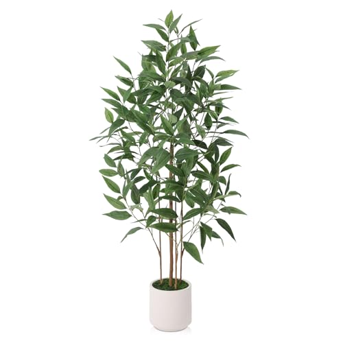 Ferrgoal Artificial Eucalyptus Tree，4FT UV Resistant Fake Outdoor Plants,Artificial Plants Indoor with White Planter,Silk Leaves,Faux Tree for Home Decor Floor Porch Liveing Room - size: 4ft