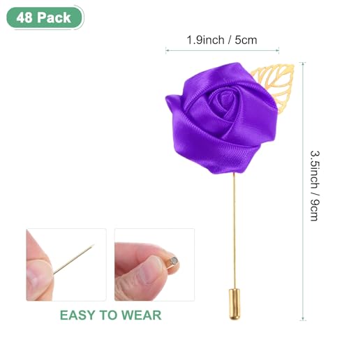 M METERXITY 48-Pack Flower Lapel Pins for Men, Golden Leaf Rose Boutonnieres Pin Groom Boutonnieres for Wedding/Dance/Party, Men Lapel Pins for Suits Satin Flower Corsage [Deep Purple] - color: Deep Purple
