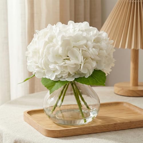 Real Touch Artificial Hydrangea in Vase,Premium Faux Flowers with Faux Water for Home Decoration,Coffee,Table,Wedding,White Fake Hydrangea with Vase for DIY Floral Arrangements - color: White