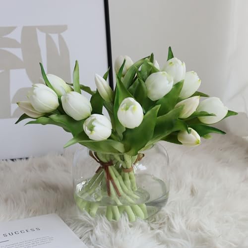 20 Pcs Artificial White Tulips,Real Touch Faux Tulip Flowers Bulk for Wedding Centerpieces,Vase Arrangements,Home Table Decor - color: White