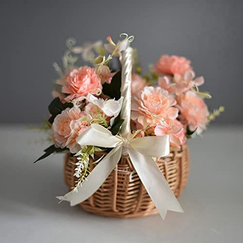 Vctitil Wicker Rattan Flower Basket,Wedding Flower Girl Basket Hand Woven Flower Basket Decoration,Candy Storage Basket Home Decoration(S,pink) - color: pink