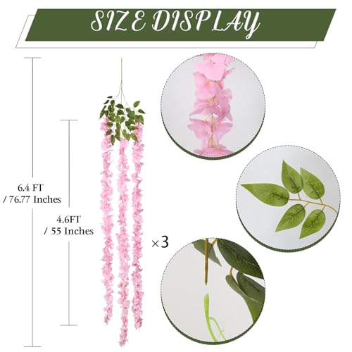 IPOPU Pink Wisteria Hanging Flowers Garland 6.4FT Wisteria Garland Hanging Flowers for Decoration for Wedding Arch, Backdrop, Garden Party Decor, 3 PCS (Pink) - color: Pink