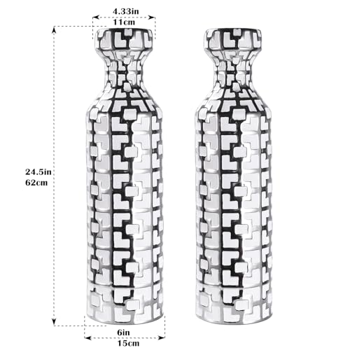 24.4 inch Tall Floor Vases Set of 2. White Vase with Silver Geometric Patterns, Ceramics Modern Flower Vases for Living Room, Entryway, Indoor/Outdoor Decor, Large Vase for Home Decor - color: White With Silver Set of 2