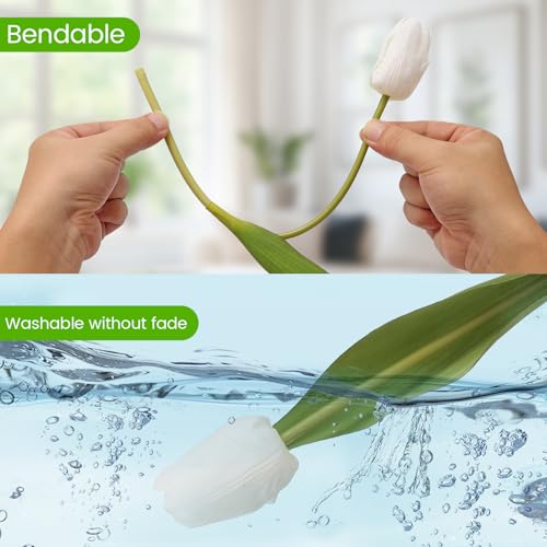 Artificial Tulips - 20 Stems Real Touch Realistic Fake Tulip Flowers, Premium Silk Feel, UV-Resistant, Anti-Fade, Waterproof Lifelike Faux Tulips for Home Decor, Wedding, Party, DIY (White) - color: White