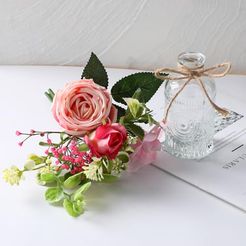 AFRITEE Artificial Flowers with Small Vase - Orange Potted Fall Rose Floral Arrangements Artificial with Small Vase for Home Living Office Wedding Coffee Centerpiece Table - color: Orange Bouquet+relief Vase