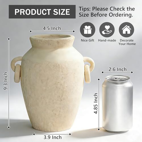 Ceramic Flower Vase with Handles, 9.3 Inch Tall Rustic Pottery Vase, Decorative Terracotta Vase for Home Decor, Living Room, Entryway, Table, Mantel, Shelf - color: 9.3"h-off White