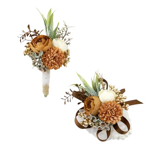 Ansofi Rustic Terracotta Corsage and Boutonniere Set Artificial Rose Flower Wrist Corsage and Boutineers for Groom Groomsmen Bride Bridesmaids Prom Rustic Vintage Wedding Decor - color: Rustic Terracotta