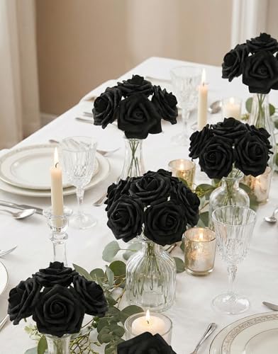 50 PCS Black Foam Rose Stemless Artificial Flower Head Bulk 2.75in Mini Fake Simulated Eternal Flores Roses Flower for DIY Craft Bridal Bouquets Centerpieces Arrangement Home Decoration - color: Black