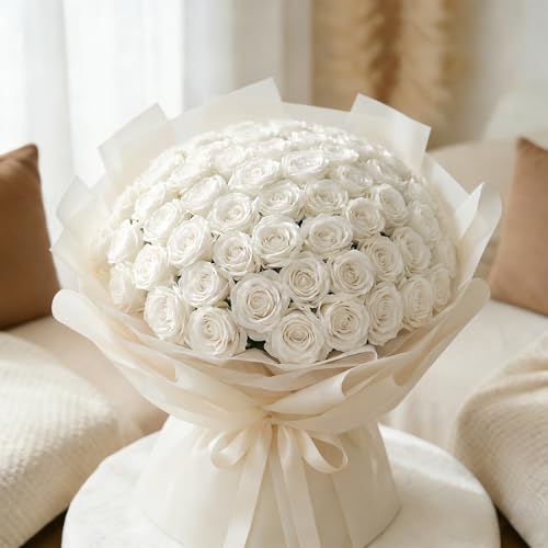 AmyHomie 48 PCS White Roses Velvet Realistic Artificial Flowers with Bendable Stems for Wedding Bouquets Baby Shower Party Home Decor Fake Flowers Gifts for Valentines, Mothers Day, Womens Day - color: White