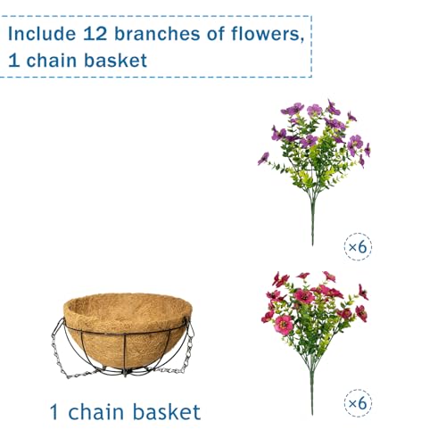 Artificial Hanging Flowers for Outdoors with Basket,UV Resistant Realistic Faux Hanging Plants Outdoor Artificial Flowers for Outdoors Basket for Yard Porch Patio,12 Bundles(Fuchsia,Rose red) - color: Fuchsia+rose Red