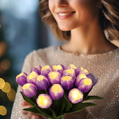 HOMESEASONS 20 Stems LED Lighted Artificial Flowers Tulip Lamp Real Touch Tulips Faux Flower Lights for Valentine's Day and Easter Home Kitchen Wedding Dining Table Decor(Purple) - color: Purple