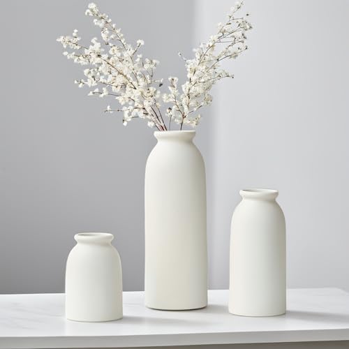 Ceramic Vase Set-3, Small Flower Vases for Decor, Modern Boho Farmhouse Style, Decorative Vases for Pampas Grass & Dried Flowers, Distressed Finish (White) - color: White