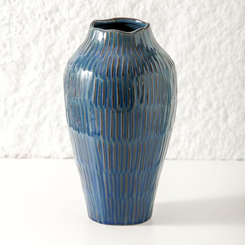 Blue Ceramic Vase for Home Decor,11.6 Inch Flower Vase，Decorative Vases for Pampas Grass，Modern Art Texture Vases for Home Entryway Living Room Dining Table Farmhouse Office Decor-Blue - color: Blue-11.6inch
