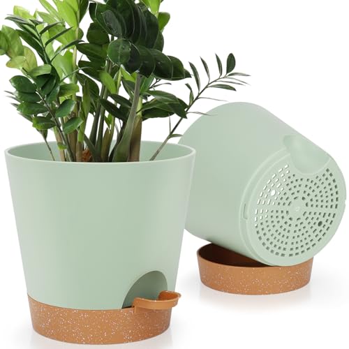 YNNICO 8-Inch Plant Pots, Self-Watering Planters with Drainage Holes & Saucers for Indoor and Outdoor Plants (2-Pack, Green) - color: Green, size: 8 inch