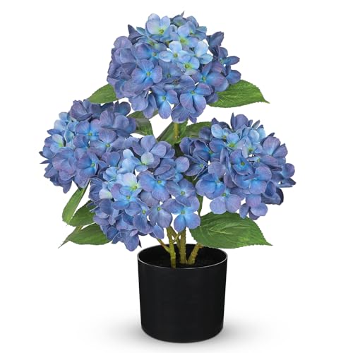 Hollyone Navy Blue Hydrangea Artificial Flowers in Pots 19.7" Four-Head Faux Silk Hydranges Flower Arrangements for Indoor Home Office Kitchen Table Centerpieces Wedding Decorations - color: Blue, size: 4 Head Hydrangea