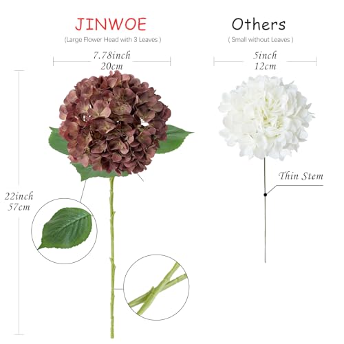 JINWOE Dark Coffee Silk Hydrangea Artificial Flowers, 4Pcs 22Inch Full Fake Artificial Hydrangeas with Stems for Bouquet Table Centerpieces Home Decoration Porch Outdoor - color: Dark Coffee