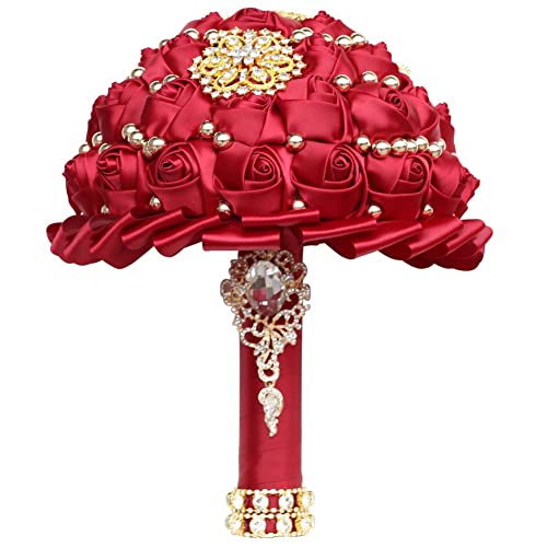 Burgundy Bridal Wedding Bouquet Luxury Gold Rhinestone Brooch Bouquet for Bride Bridesmaid Quinceanera Artificial Satin Rose Flower Bouquet Wedding Burgundy 7.1in - color: Burgundy, size: Diameter: 7.1 inches