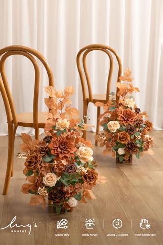 Ling's Moment 17.5" Tall Standing Artificial Flowers Arrangements 4 pcs Wedding Aisle Runner Chair Decorations Walnut Brown & Burnt Orange Centerpieces For Ceremony Reception Rose Floral Party Outdoor - color: Walnut Brown & Golden Glove