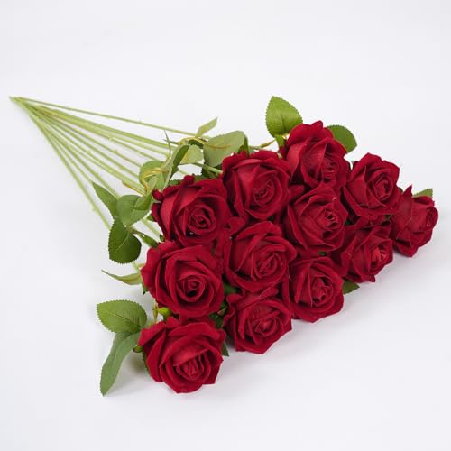 12 Pcs Red Roses Artificial Flowers with Long Stem, Faux Silk Rose Bouquet Realistic Lifelike Fake Floral Bundles Halloween Valentine's Day Wedding Party Table Centerpiece Decor, Small - color: Red, size: Small