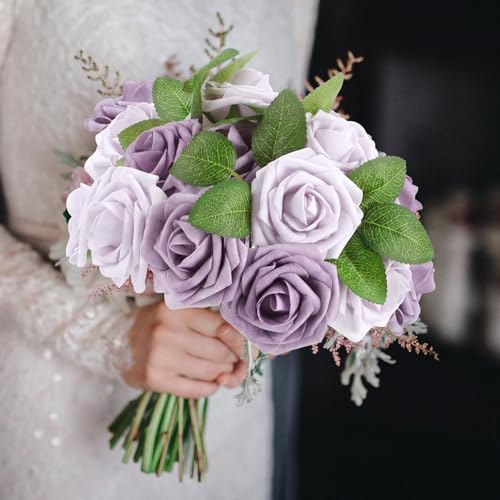 50 Pcs Artificial Foam Rose Flower Faux Bouquet Wedding Fake Rose Gift for Mother's Day Women DIY Bridal Shower Party Table Birthday Home Spring Decor (Soft Purple) - color: Soft Purple