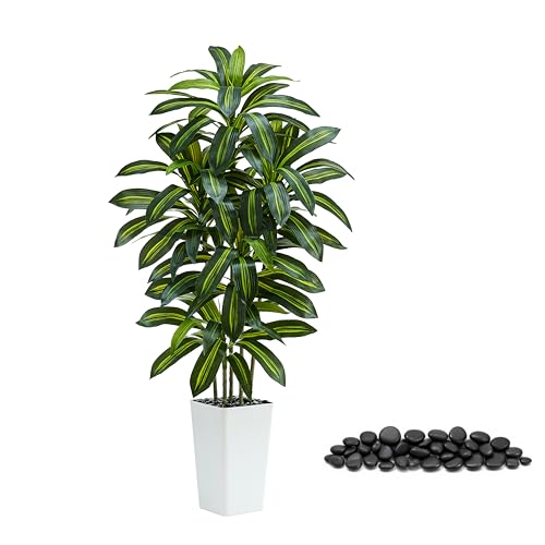 Artificial Dracaena Tree：5FT Faux Silk Tropical Yucca Floor Trees Realistic Fake Green Plant with Natural Wood Trunk & Lifelike Leaves for Home Office Decor Indoor & Outdoor (5FT,1-Pack,White) - color: Dark Green – White Pot, size: 5FT