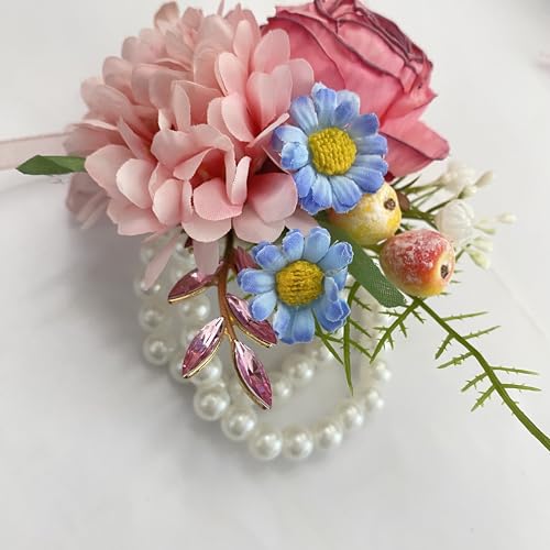 Corsage and Boutonniere Set, Handmade Artificial Peony Rose Wrist Corsage Wristlet and Groom Boutonniere for Men Wedding Prom Suit Decorations (Pink) - color: Pink