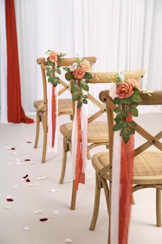 Wedding Aisle Decorations for Wedding Ceremony Set of 10 Pew Flowers for Church Chair Decorations Party Decor with Artificial Flowers Eucalyptus and Ribbons Terracotta - color: Terracotta