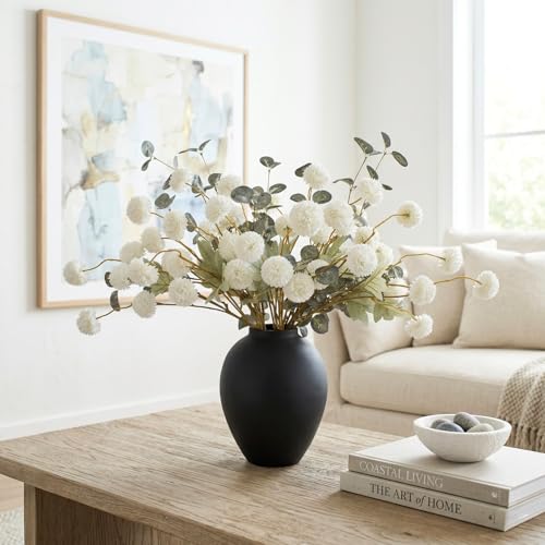 RyddeligHome White Faux Kiku Flowers for Vase(NOT Included) - 10 Long Stem Artificial Flowers with Eucalyptus, Realistic Floral Stems for Tall Vases, Farmhouse Home Decor (Premium Quality) - color: White