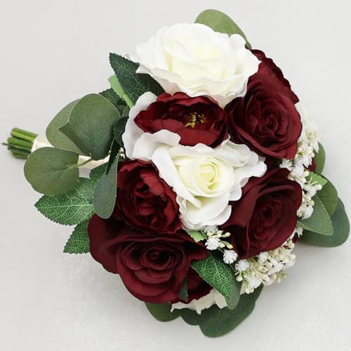 11 Inch Burgundy & White Silk Rose & Peony Bridesmaid Bouquet - Elegant Formal Wedding Decoration - color: Burgundy & White
