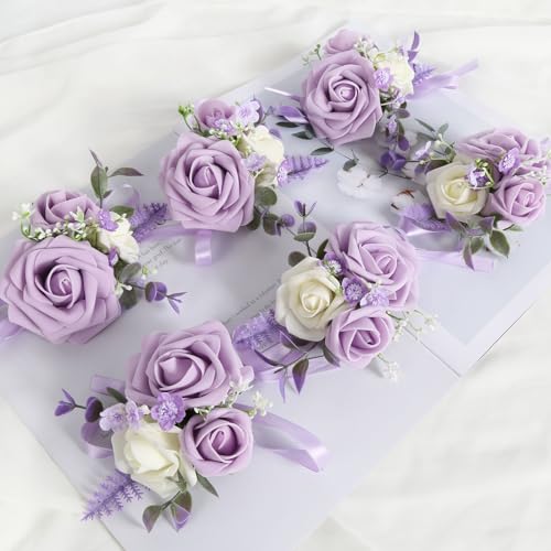 Purple Corsage for Wedding Bridesmaid Mother Grandmother, Set of 6 Prom Artificial Flower Corsage Wristlet Wristband for Women Girls Hand Flowers for Homecoming Ceremony Anniversary Suit - color: Purple