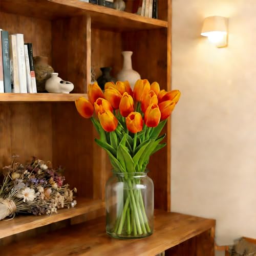 20pcs Orange-Red Faux Tulips Flowers 13 Inch For Mother's Day Easter Gifts in Home Kitchen Wedding Dining Table Decorations - color: Orange-red