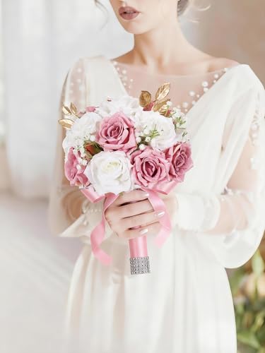 Wedding Bouquets for Bride & Bridesmaid, 9 Inch Artificial Rose Bridal Bouquet, Ivory White & Pink Silk Flowers for Wedding Ceremony, Church, Party Decoration (White Pink) - color: White Pink